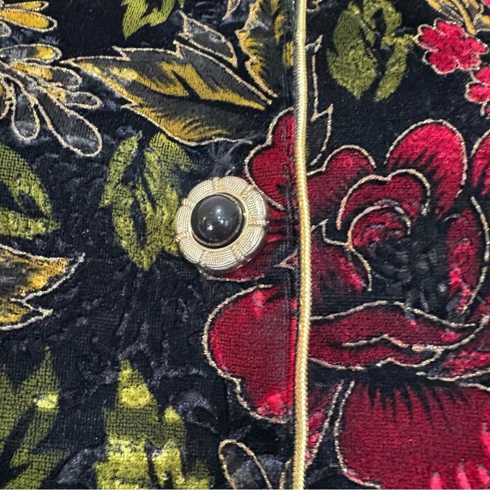 R & K Evening Velvet Floral Jacket Black Red Roses Green Vintage Size 12 Missy - Picture 5 of 7